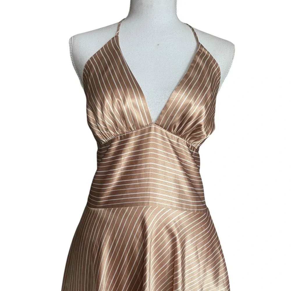 Vintage Alyn Paige Satin Stripe Halter Midi‎ Dress Retro Y2k Coquette Sz M